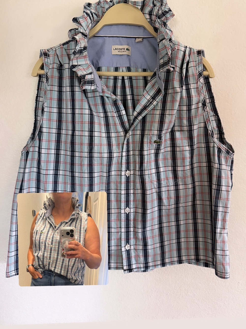 Upscale reworked Lacoste Sleeveless Plaid Ruffle-Collar Button up shirt Top Blue